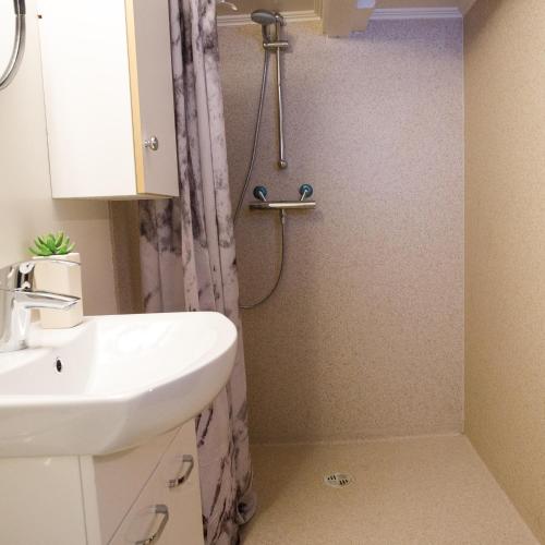 un baño con lavabo y ducha en Original North, en Þingeyjarsveit
