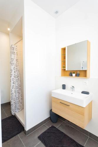 une salle de bain avec un lavabo blanc et un miroir dans l'établissement Domaine du Vendangeoir - Les Chambres, à Vinay