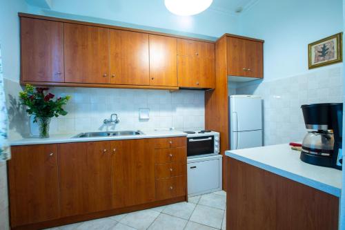 a kitchen with wooden cabinets and a sink and a refrigerator at Kastro Apartments in Panormos Rethymno