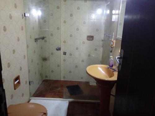 bagno con lavandino e doccia di hostel MdeMarilia a Nova Friburgo