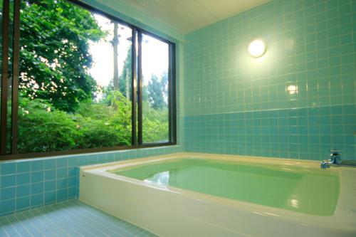 a bath tub in a bathroom with a window at Nobori in Ome