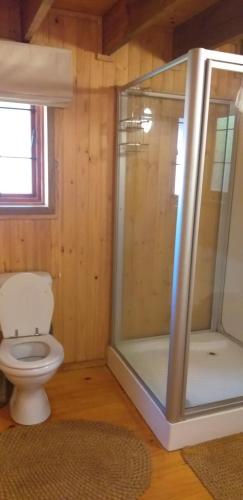 a bathroom with a toilet and a glass shower at House 52 in Sodwana Bay