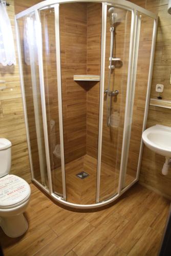 a shower in a bathroom with a toilet and a sink at Nestor Domki in Mrzeżyno