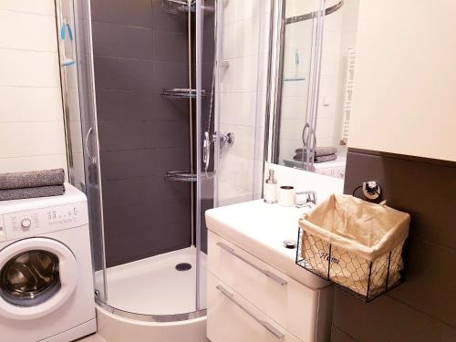ヤストシェンビャ・グラにあるApartMorze apartamenty Fregataのバスルーム(シャワー、洗濯機付)