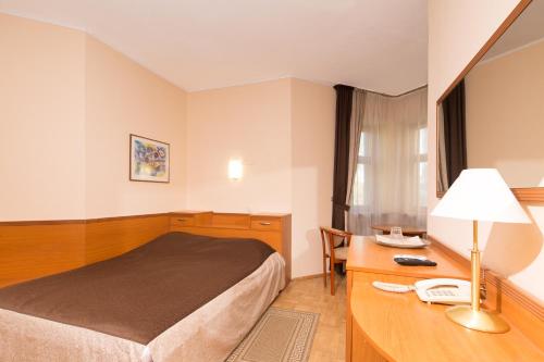 um quarto de hotel com uma cama e uma secretária com um candeeiro em Zhayvir em Kiev