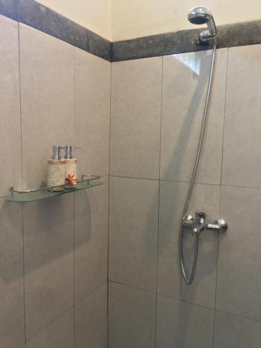 a shower with a glass door with a shower head at Wina Ubud B&B in Ubud
