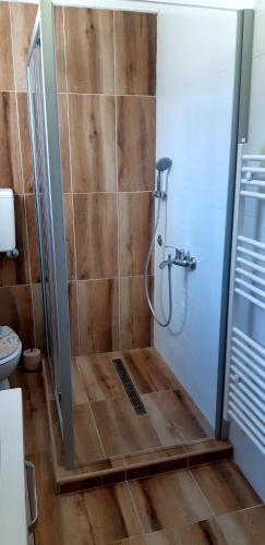 a shower in a bathroom with a wooden floor at Apartmani Bilić in Korenica