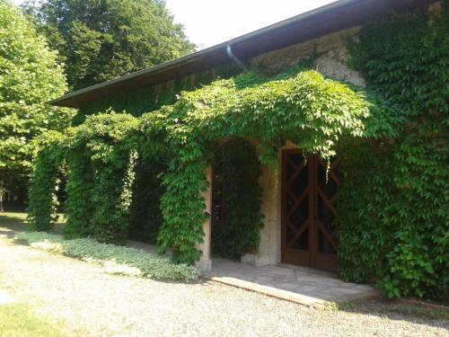 a building covered in ivy with a wooden door at La Passagere in Hauterive