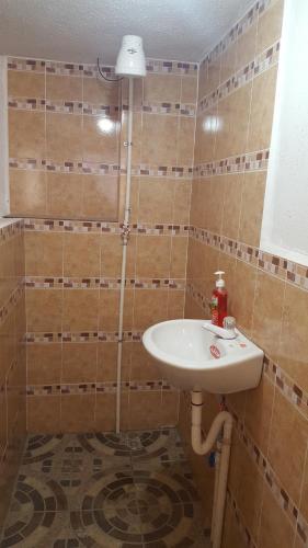 a bathroom with a sink and a shower at Casa LLEMO in San Pedro La Laguna