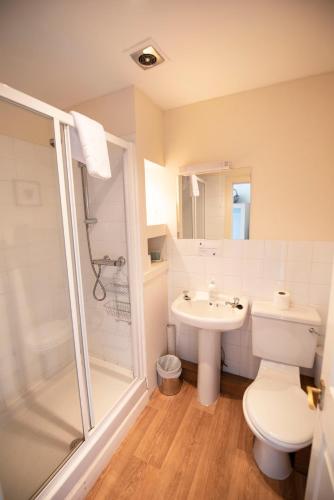 a bathroom with a toilet and a shower and a sink at The Kirkmichael Hotel in Kirkmichael