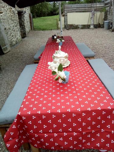 a picnic table with a red table cloth with white stars at Gite Rouge and la Ferme Blanche in MÃ©nil-Vin