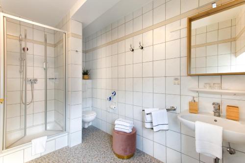 a bathroom with a shower toilet and a sink at Rosi Boutique Hotel in Regensburg