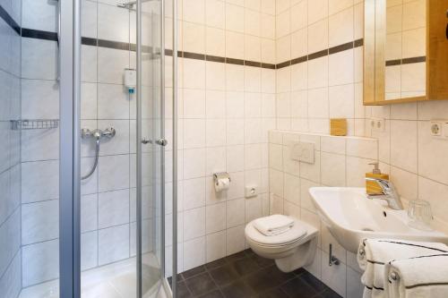 a bathroom with a shower and a toilet and a sink at Rosi Boutique Hotel in Regensburg