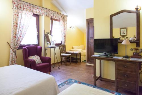 a bedroom with a bed and a television and a chair at Posada Carpe Diem in Liérganes