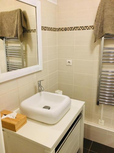 une salle de bain avec un lavabo blanc et un miroir dans l'établissement Appartement Héloïse, le charme du Vieux-Lille, à Lille