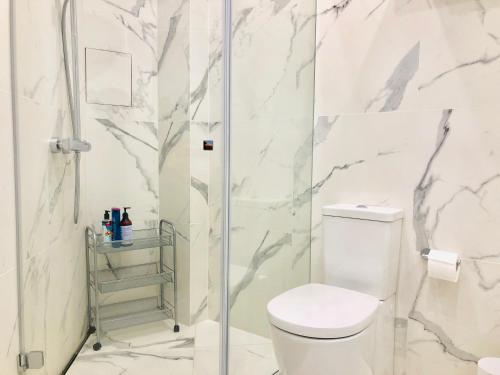 biała łazienka z prysznicem i toaletą w obiekcie St. Florian Apartament w Warszawie