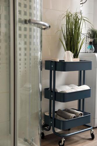 a blue towel rack in a bathroom with a shower at Rijeka center- Apartment Flumen in Rijeka