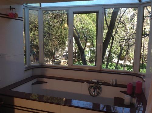 een raam boven een wastafel in een keuken met bomen bij AMANTA PLACE in Athene