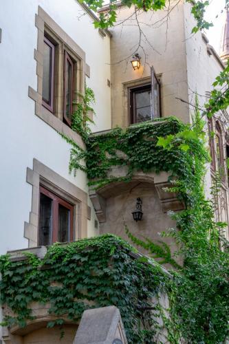 an ivycovered building with windows and a building at Hostal Rio Amazonas in Santiago