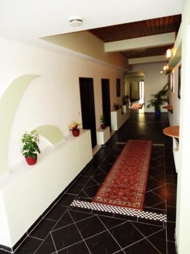 un pasillo con una alfombra roja en el suelo en Hotel-Cafe Maxx, en Lengerich