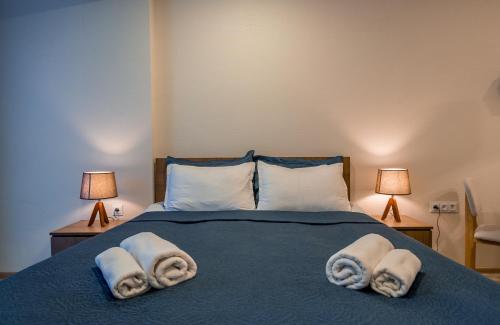 a bedroom with a blue bed with towels on it at Nino's Rooms in Gudauri
