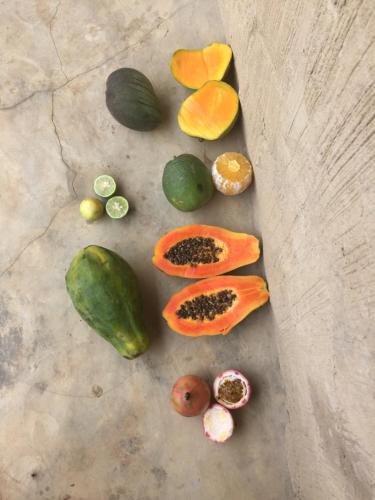 a group of fruits and vegetables on a table at Chez Bethy Jungle et Océan in Abene