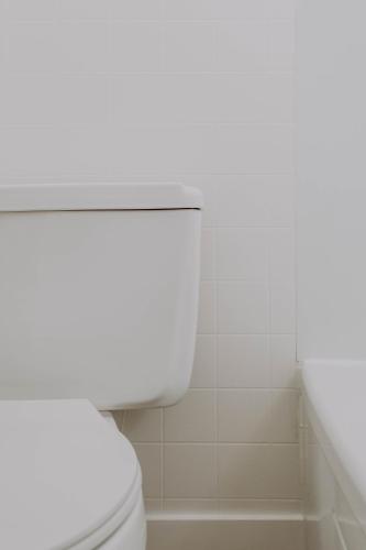 a bathroom with a white toilet and a tub at The Bayview Motel - Fort Frances, ON - Lakeside Motel in Fort Frances