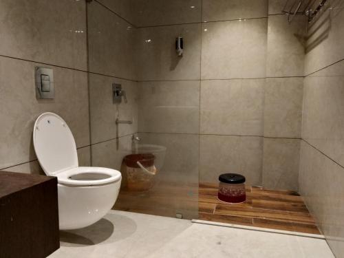 a bathroom with a white toilet and a shower at Hotel Star Inn in Gangānagar