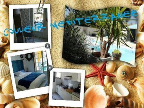 een collage van foto's van een slaapkamer en een hotel bij Majopau in Boujan-sur-Libron