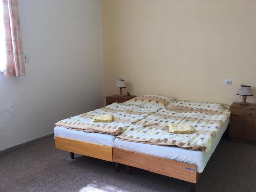 a bed in a room with two night stands and two lamps at Pension Palla - self check-in in Svojanov