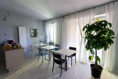 a dining room with a table and a potted plant at Le3stanze in Borgomanero