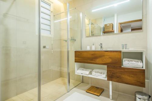 a bathroom with a glass shower and a sink at L'Appart du Tropiclub - bien-être à 2 pas du lagon in Filaos