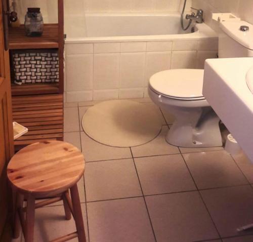 uma casa de banho com um WC, um lavatório e um banco em Estudio con piscina en Enveitg em Enveitg