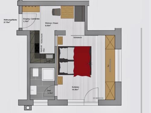 a plan of a building with a red floor at Bergwald Appartements Alpbach in Alpbach
