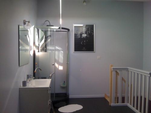 een badkamer met een wastafel en een douche met een spiegel bij Loft du moulin de Milan in Cheval-Blanc