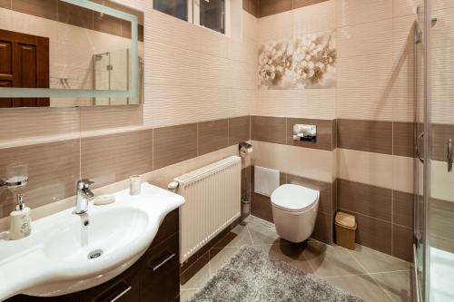 a bathroom with a sink and a toilet at Alfa Apartments Svobody 31 in Lviv