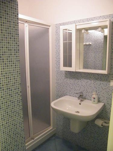 uma casa de banho com um lavatório e um chuveiro em Appartamento Garibaldi 142 em Castellammare del Golfo