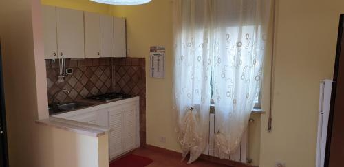 - une cuisine avec rideau de douche et lavabo dans l'établissement Casa con Giardino privata nel Centro Città, à Velletri