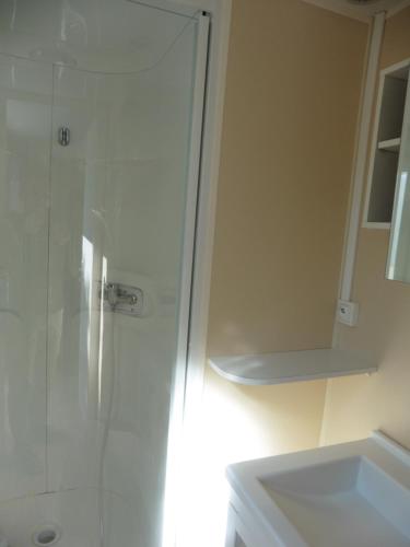 une salle de bain avec douche et lavabo dans l'établissement Mobil Home Méditerranée avec terrasse, à Vic-la-Gardiole
