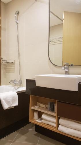 a bathroom with a sink and a mirror at Hotel Migliore Seoul in Seoul