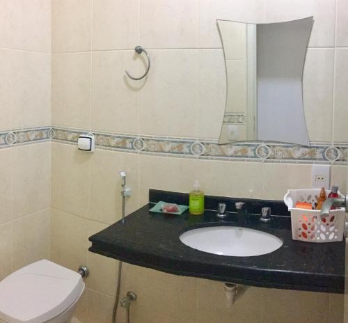 ein Badezimmer mit einem Waschbecken, einem WC und einem Spiegel in der Unterkunft Recreio dos bandeirantes in Rio de Janeiro