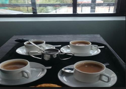 a tray with three cups of coffee on a table at Hotel Green Leaf Srinagar in Srinagar