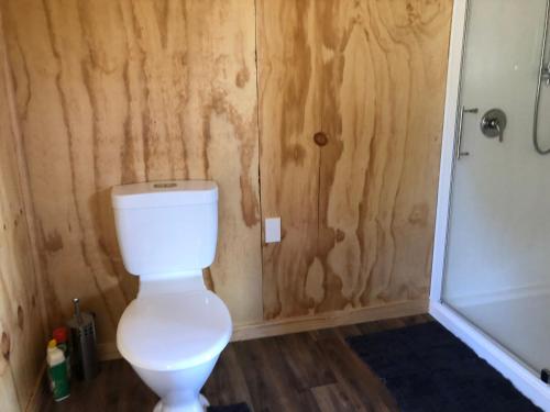 a bathroom with a white toilet and a shower at Mount Cook Station Huts in Lake Tekapo