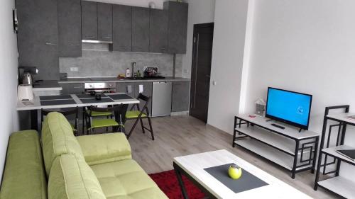 sala de estar con sofá y cocina en Fly Up Home apartment, en Boryspilʼ