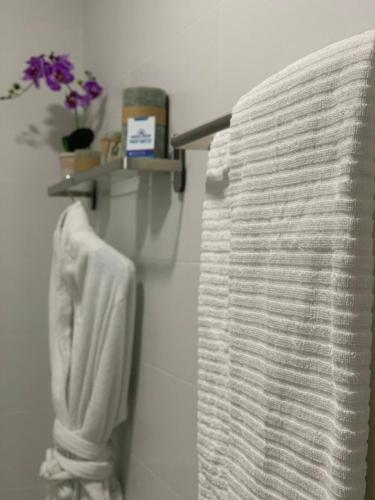 a towel hanging on a towel rack in a bathroom at Appart Hotel Monaco in Tangier