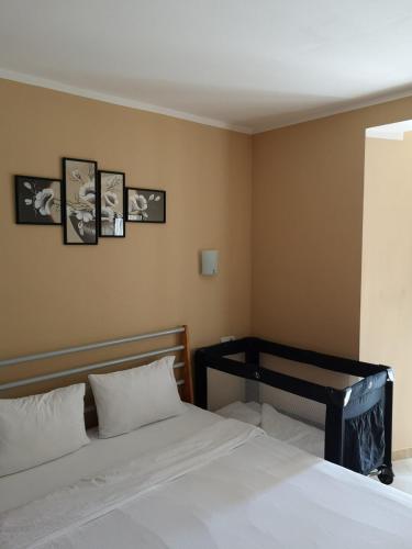 a bedroom with a bed and four pictures on the wall at Villa i SPA Stević in Veliko Gradište