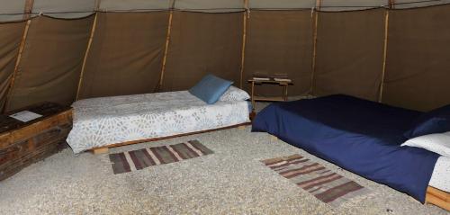 a room with two beds in a tent at Assegai Rest in Robertson