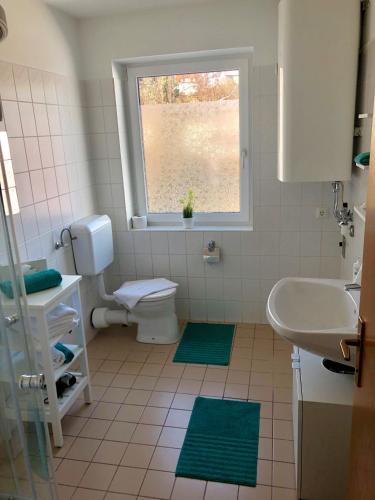 a bathroom with a toilet and a sink and a window at Forsthof Next Door in Sierning