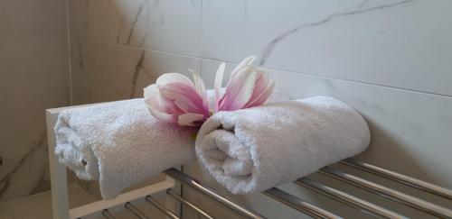 a couple of towels on a rack in a bathroom at Magenta comfort apartment in Magenta
