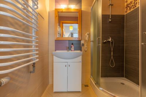 ein Badezimmer mit Waschbecken und Dusche in der Unterkunft Zowiyrucha -100 m do wyciągów narciarskich i 900 m do term in Bukowina Tatrzańska